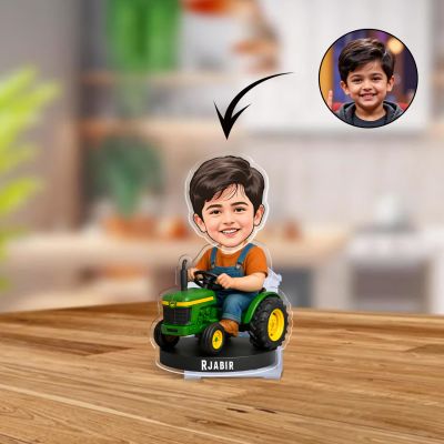 Personalized Little Boy on Tractor Bobblehead Caricature Standee Custom Photo Acrylic Cutout with Name, Unique Gift for Kids, Son, or Grandson Battery Powered Moving Head Feature